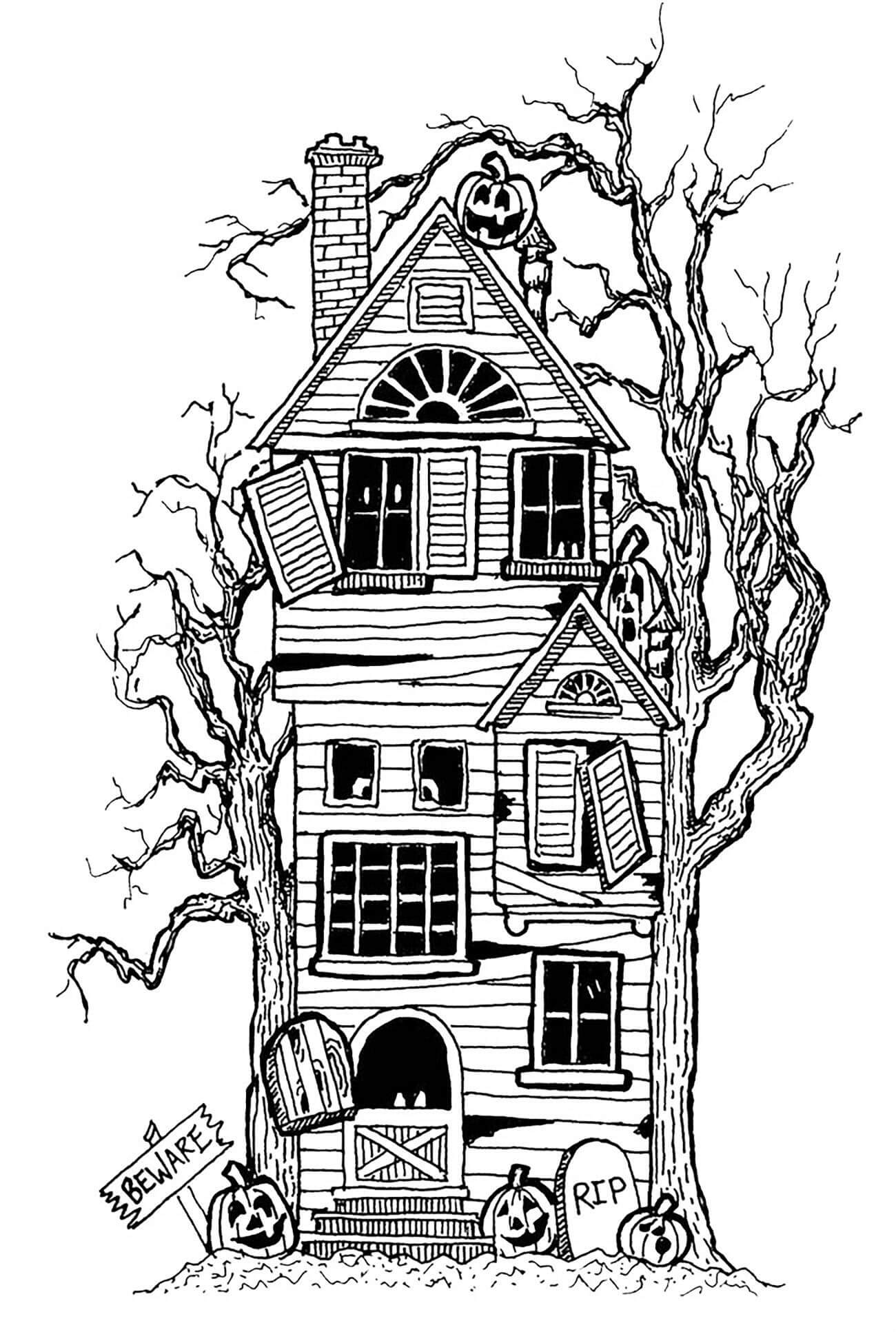 Halloween big haunted house Coloring Page