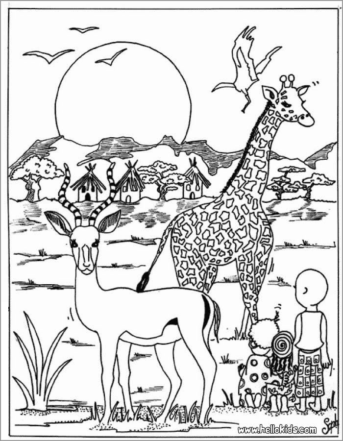 African Animals with Kids Coloring Pages