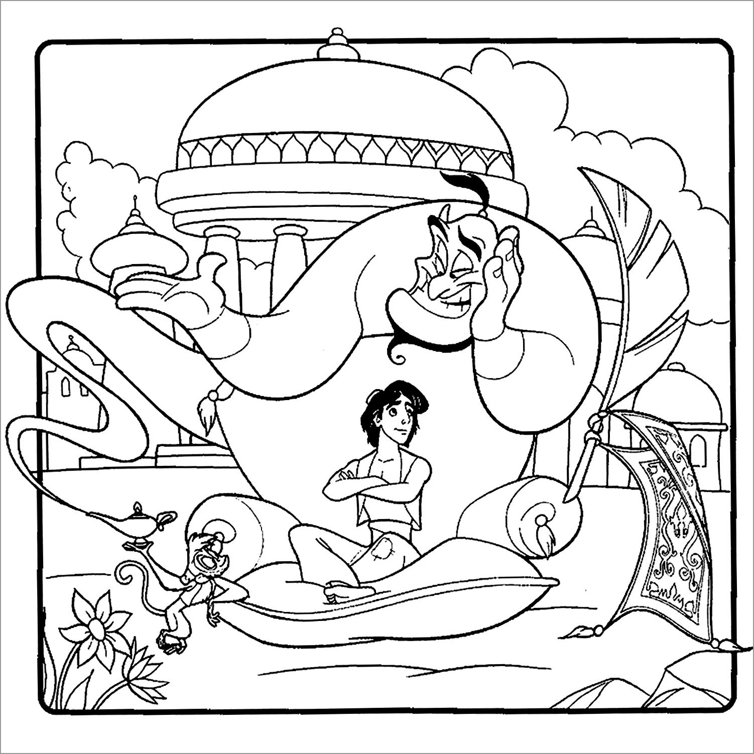 Aladdin, Abu and Genie Coloring Page to Print