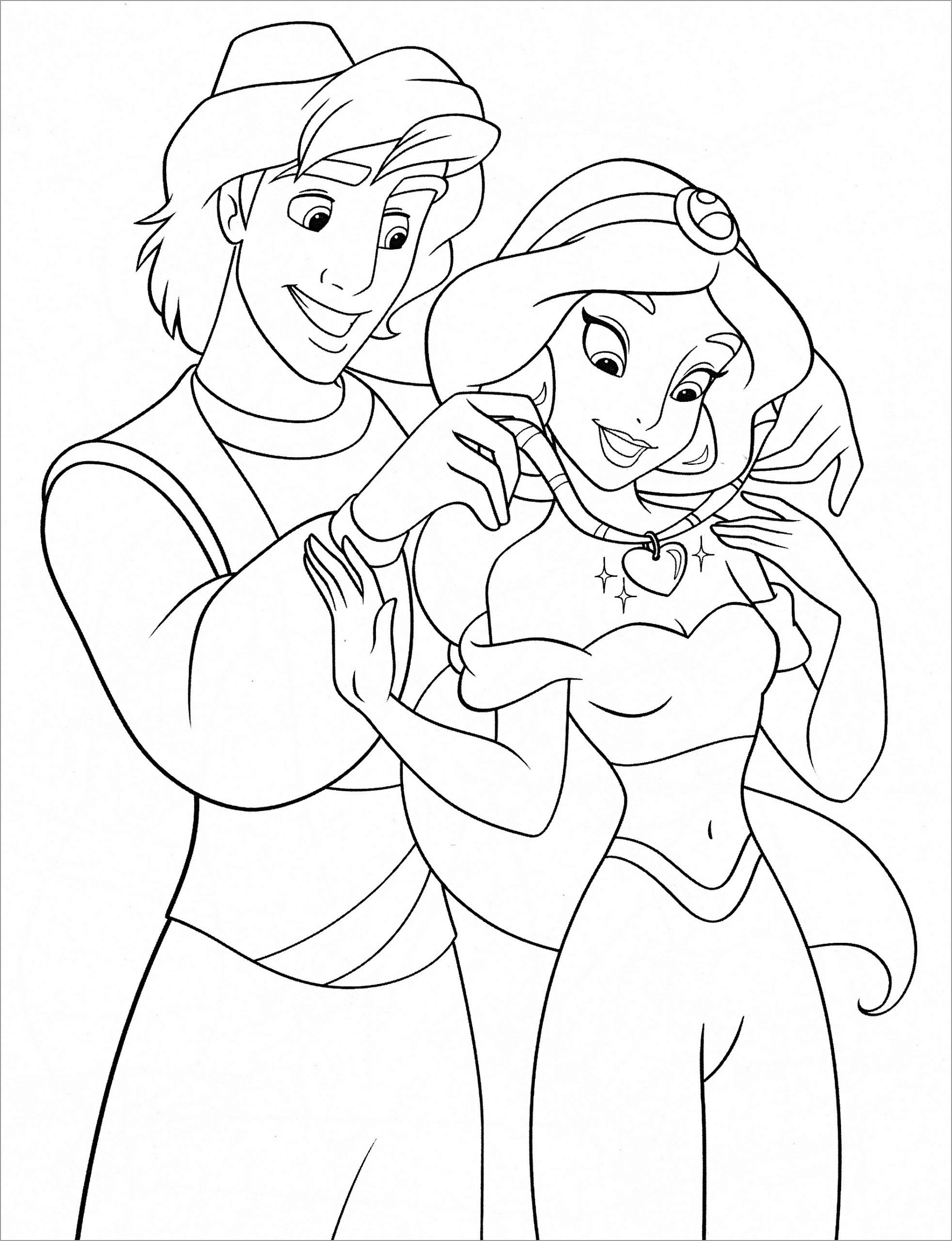 Aladdin and Jasmine Coloring Page for Kids