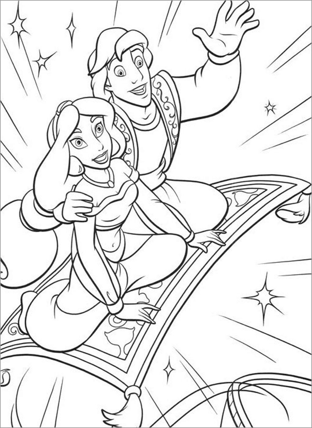 Aladdin and Jasmine Flying with Magic Carpet Coloring Page