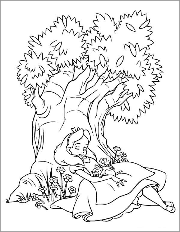 Alice is Sleeping Under the Tree In Alice In Wonderland Coloring Page