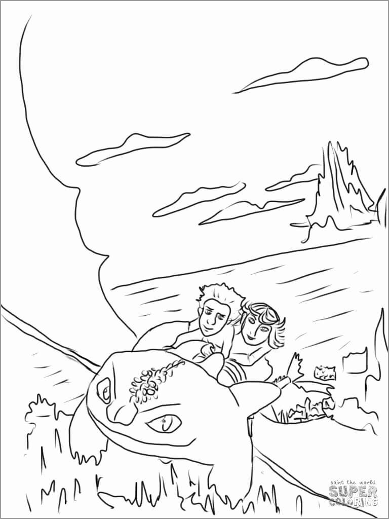 Astrid and Hiccup Rides the Dragon Coloring Page