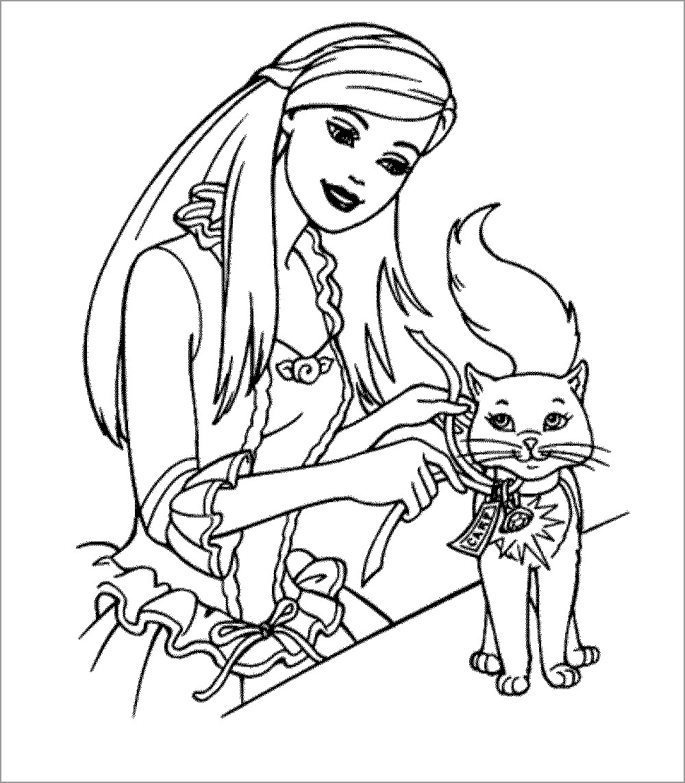Barbie and Cat Coloring Page