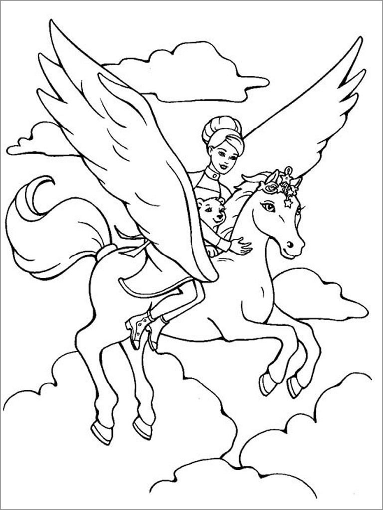Barbie and Flying Horse Coloring Page   ColoringBay