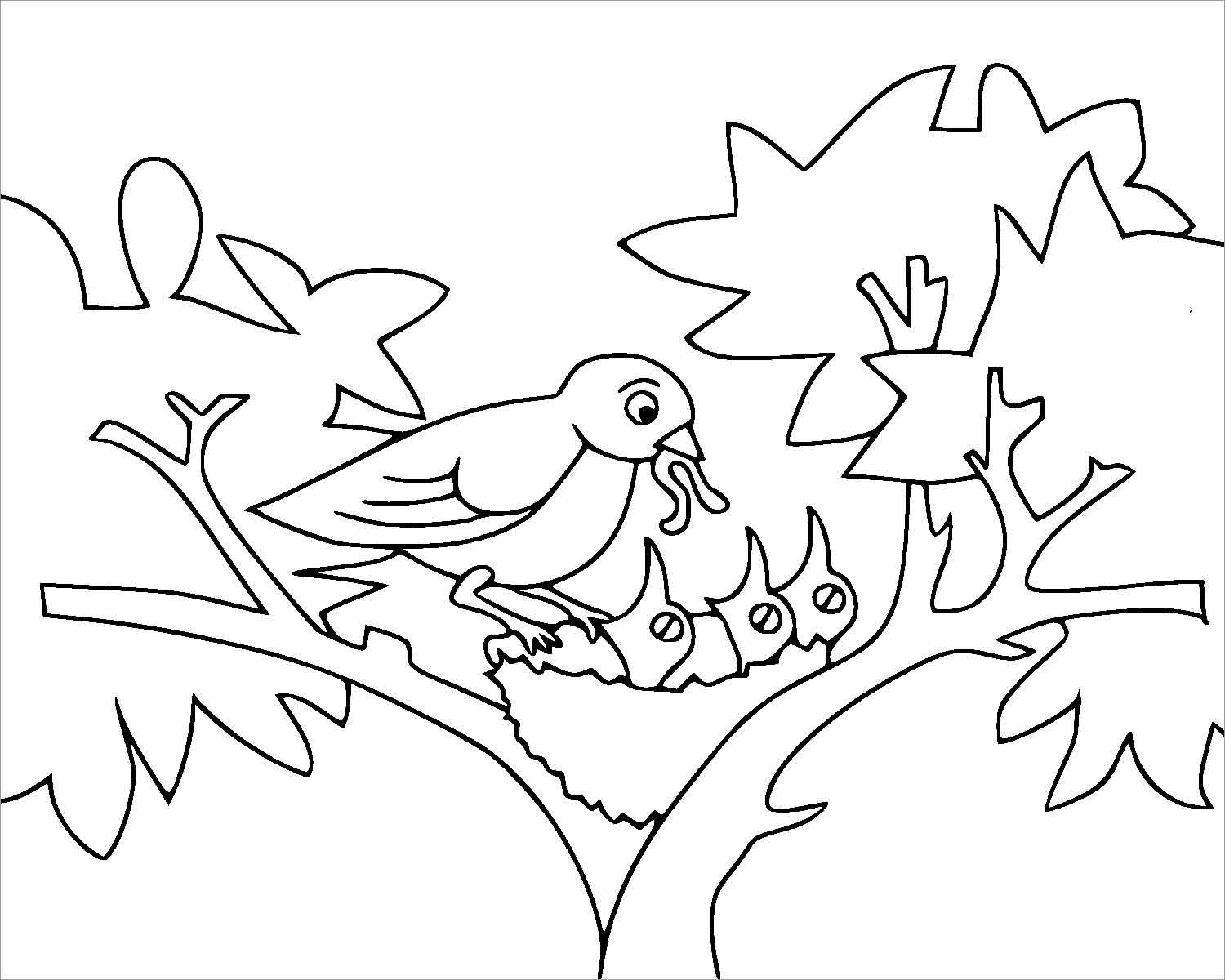 Bird Moms and Baby Lives on Tree Coloring Page