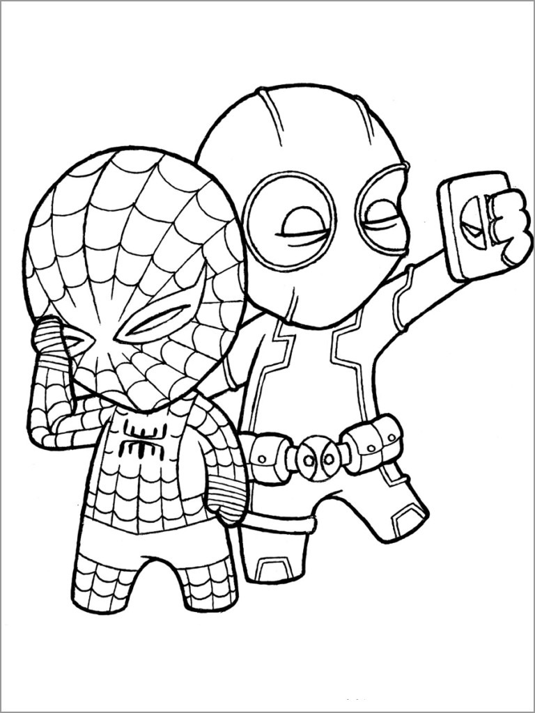 Chibi Deadpool with Spiderman Coloring Page