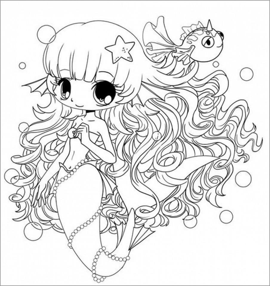 Chibi Mermaid Coloring Page for Adults