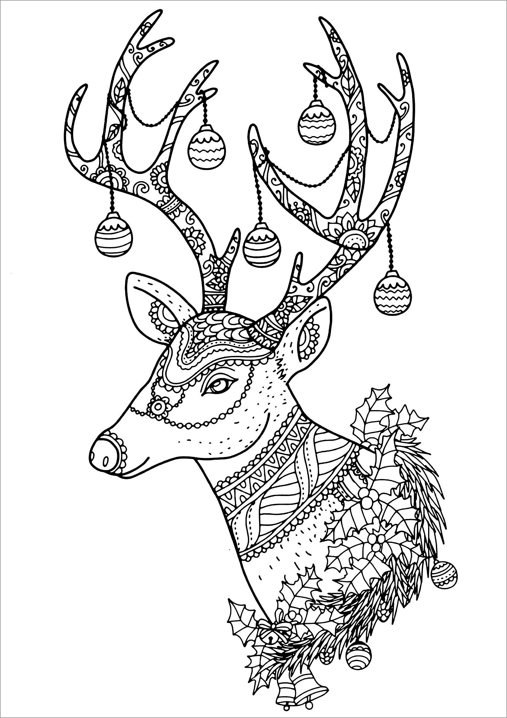 Christmas Detailed Reindeer Head Coloring Page