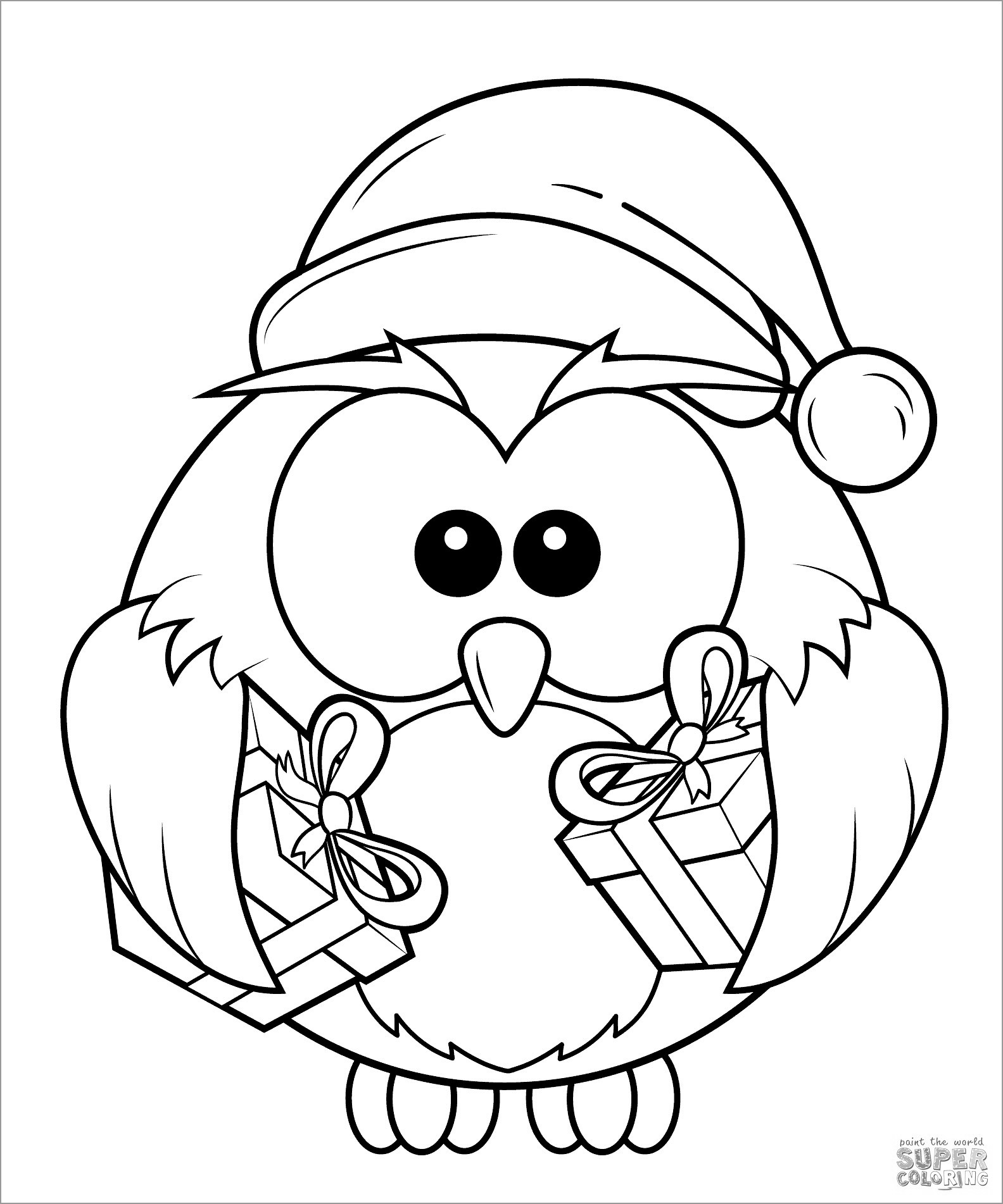 Christmas Owl with Gift Boxes Coloring Page