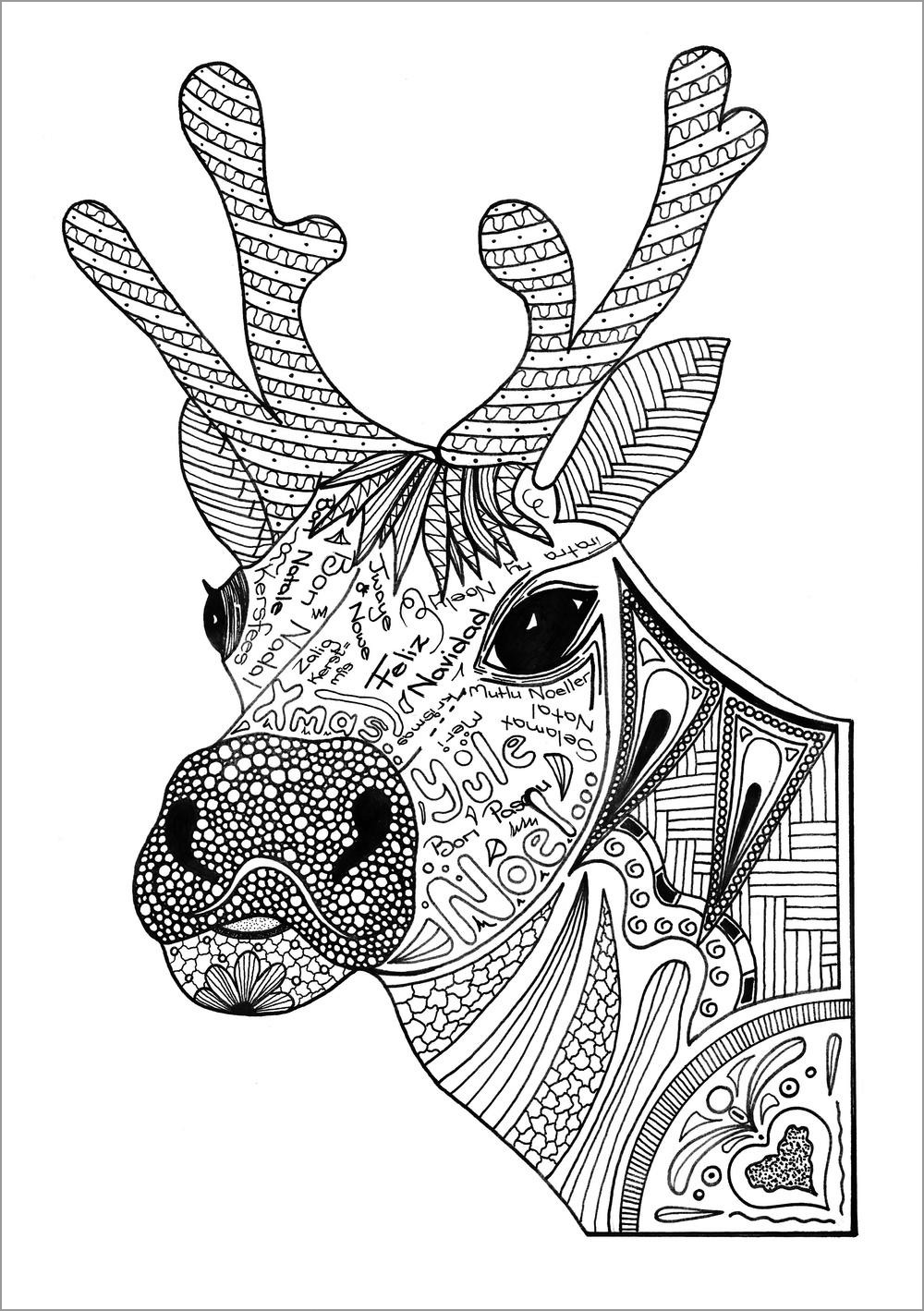 Christmas Reindeer Head Coloring Page for Adult