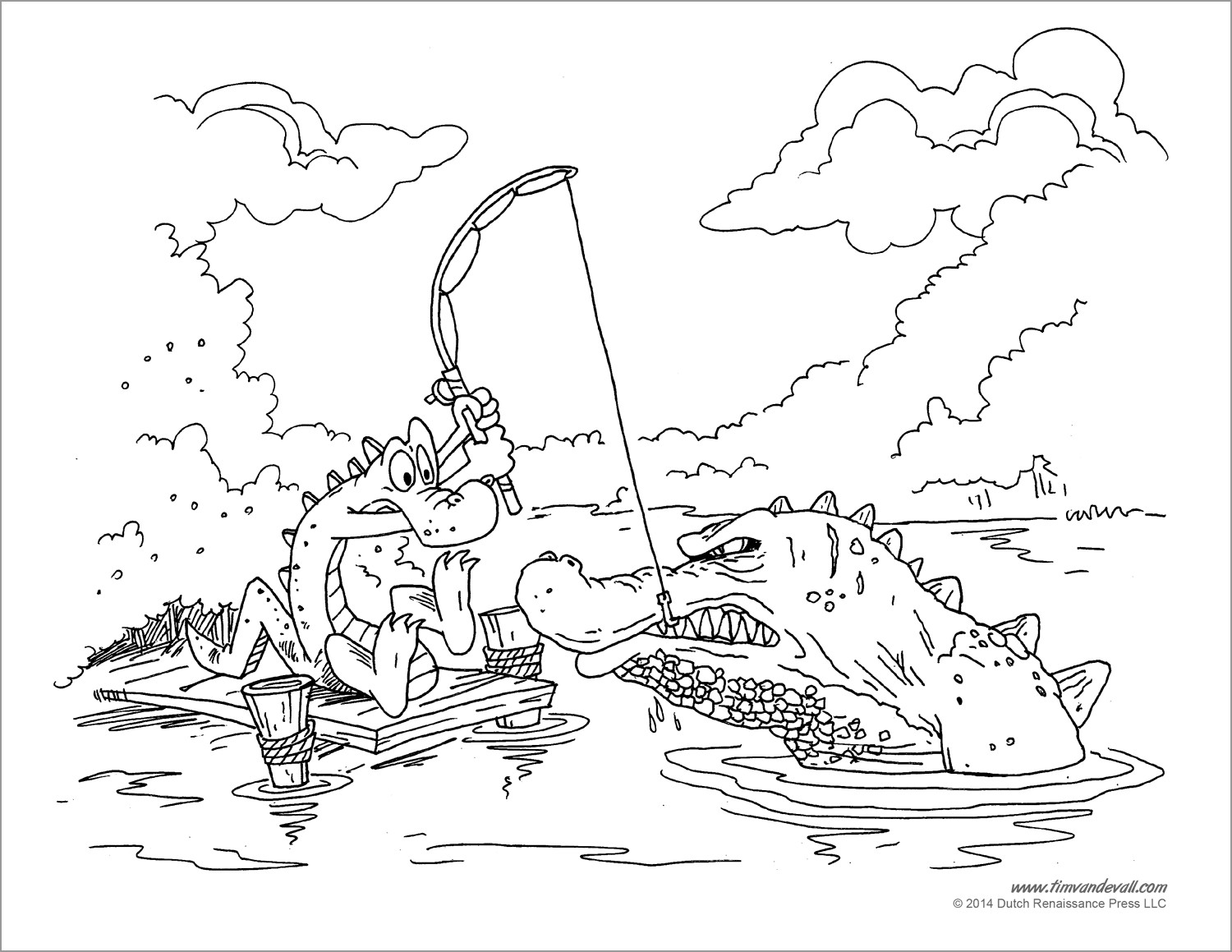Cute Alligator Fishing Coloring Page