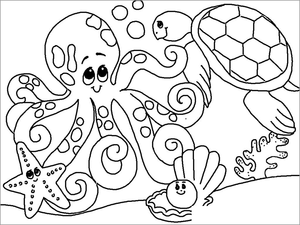 Cute Aquatic Animals Coloring Page