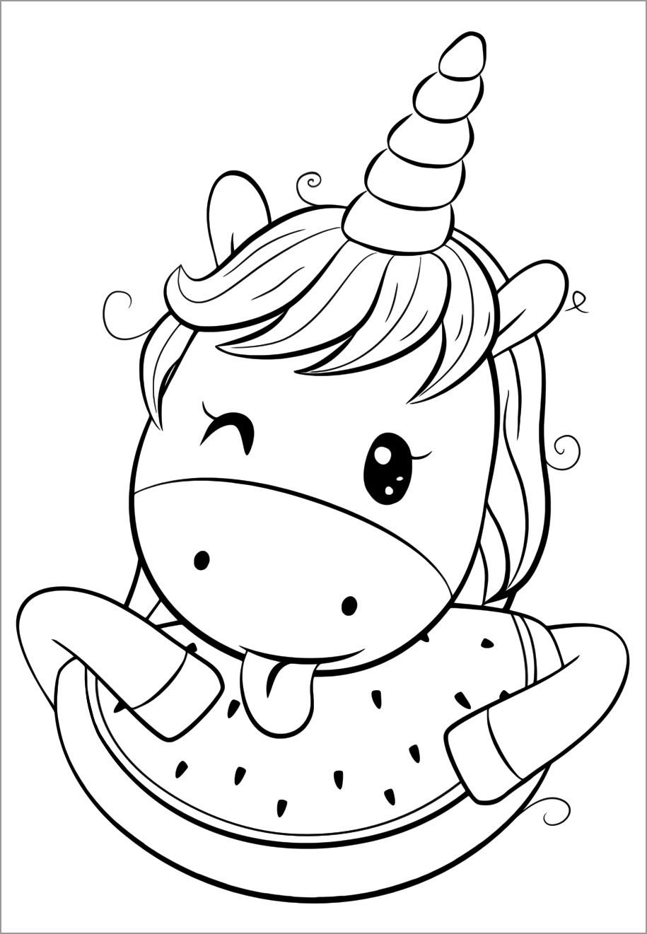 Cute Unicorn Watermelon Coloring Page   ColoringBay