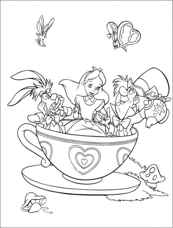 Fantasyland Mad Tea Party Alice In Wonderland Coloring Page