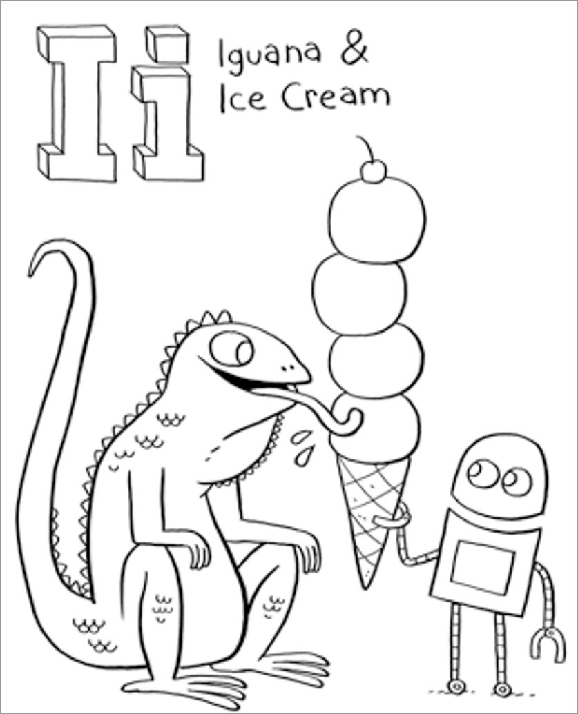 I for Iguana and Ice Cream Coloring Pages