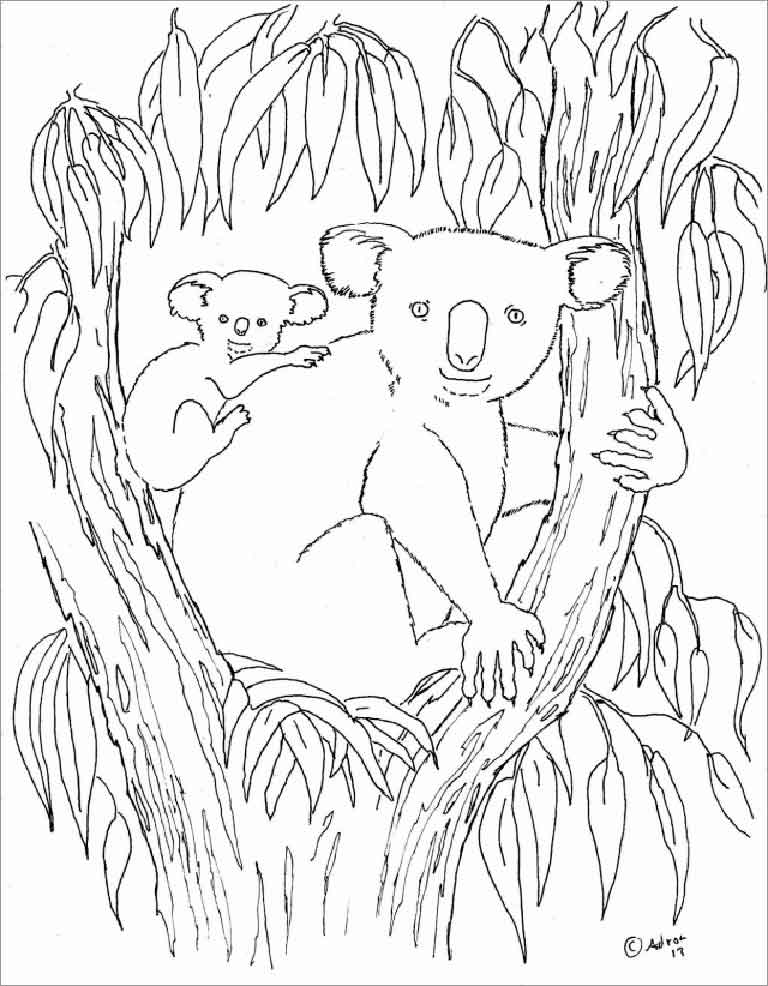 Koala Moms and Baby Lives on Tree Coloring Page