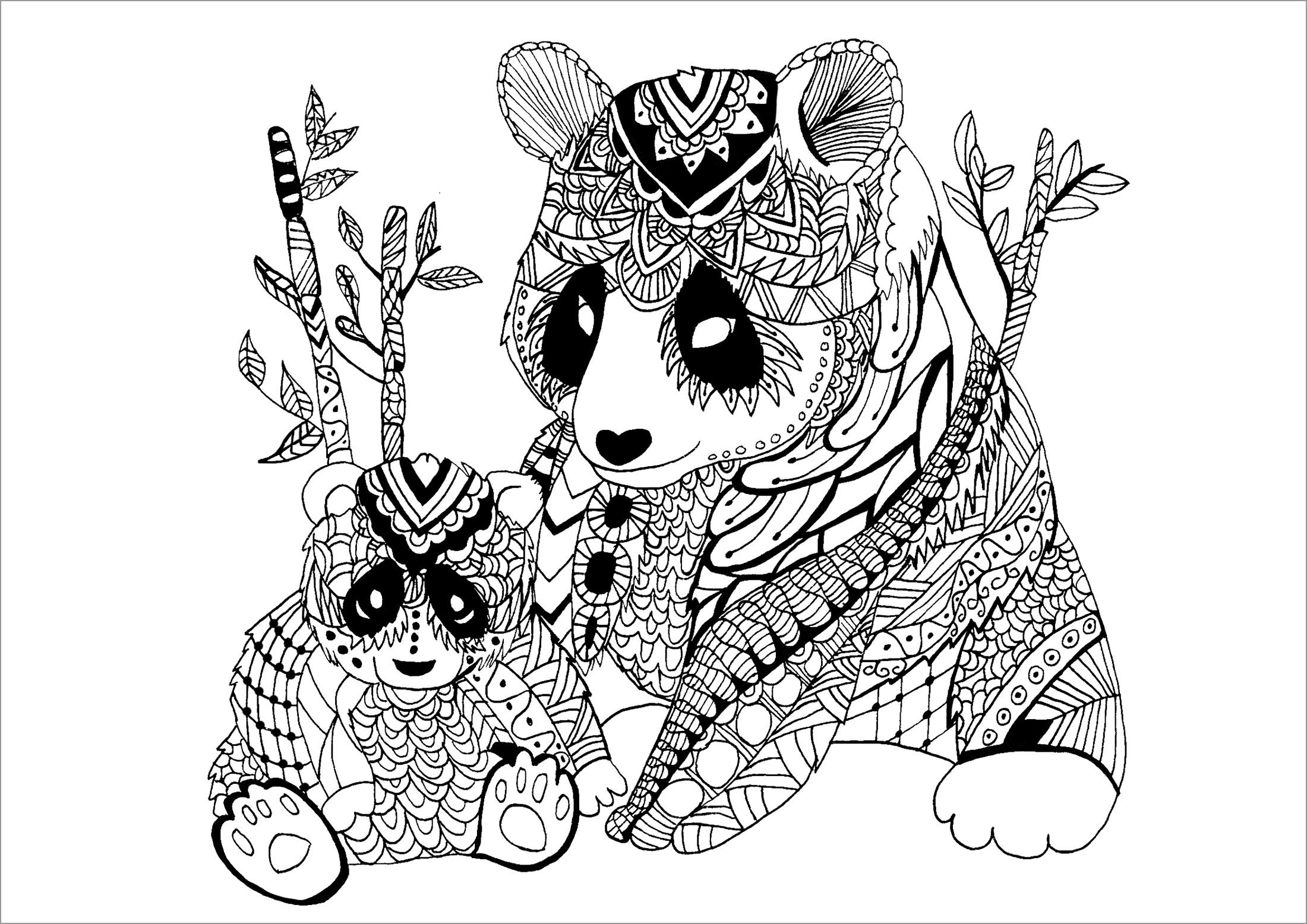 Moms and Baby Panda Mandala Coloring Page