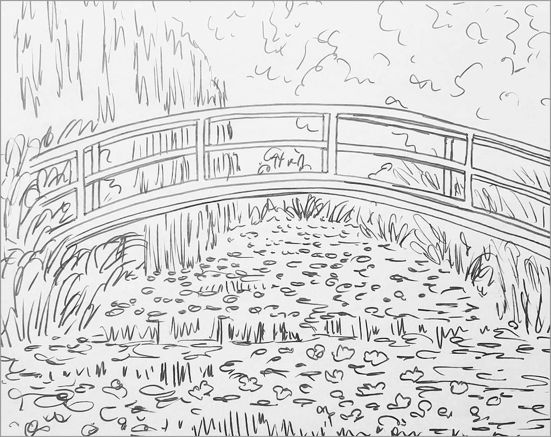 Monet Bridge Over Waterlilies Pond Coloring Page