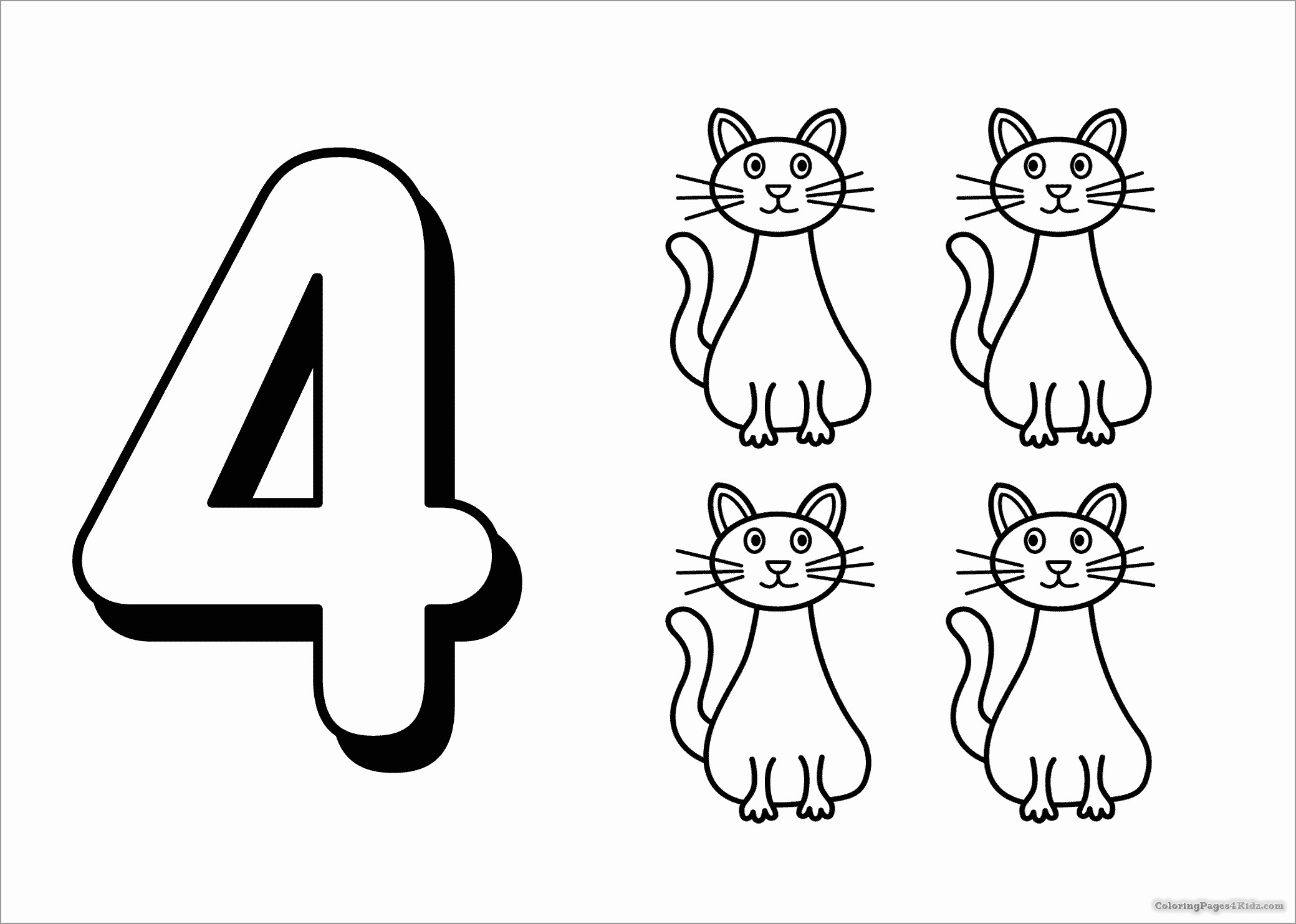 Number 4 Cats Coloring Page