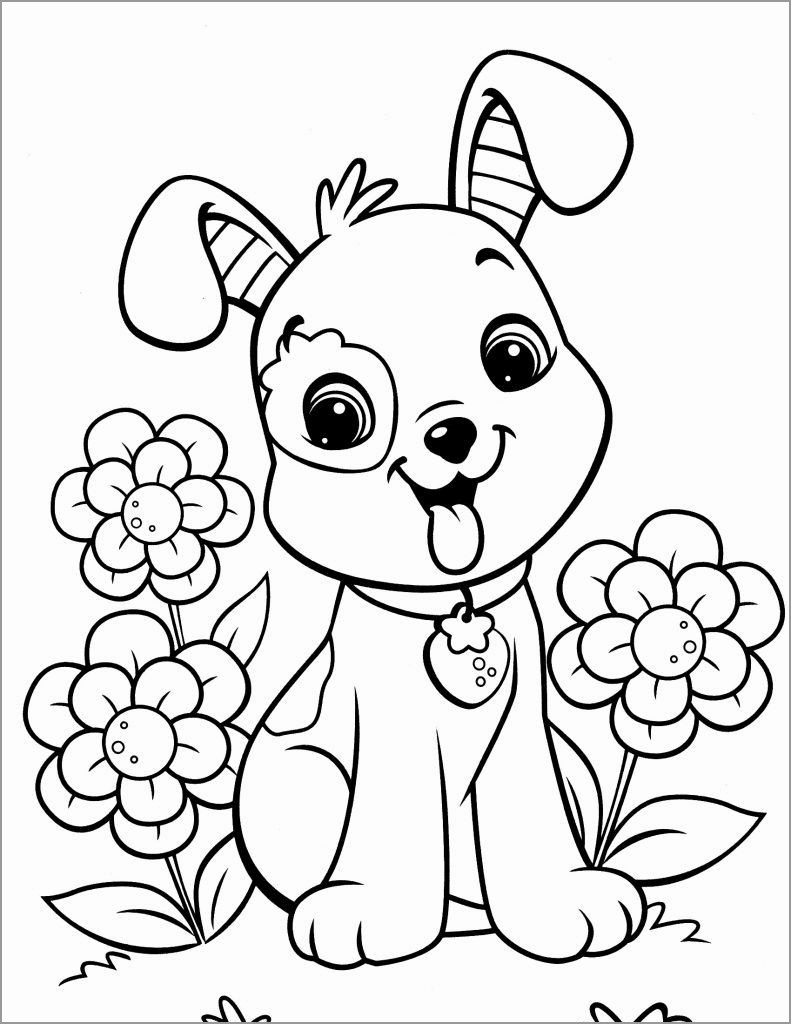 Printable Puppy and Flower Coloring Page