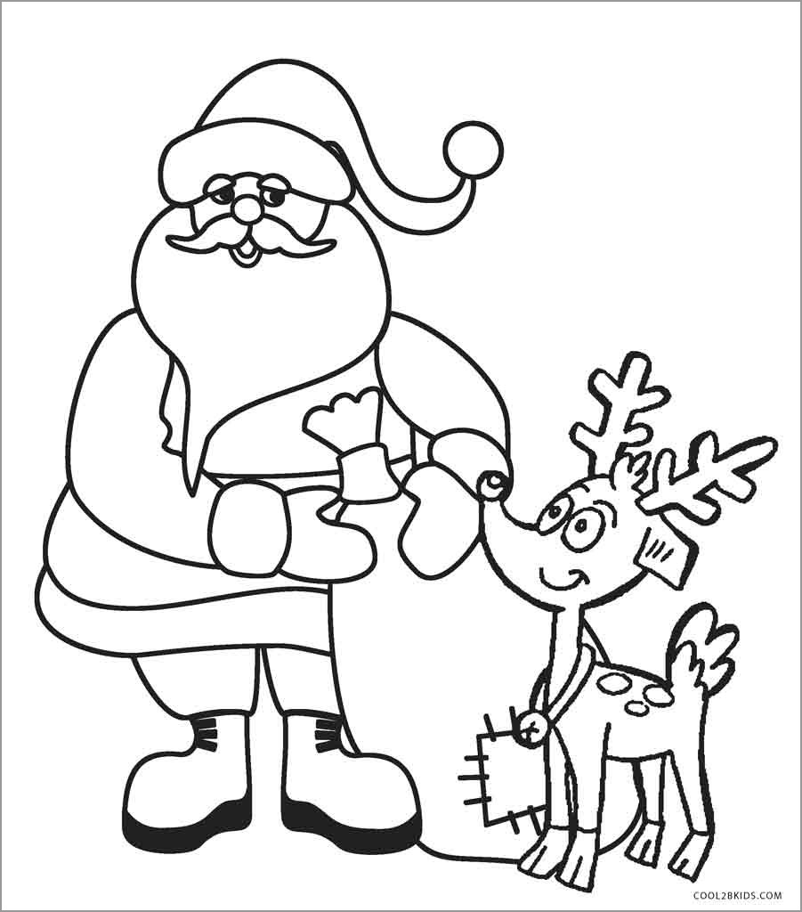 Printable Santa and Reindeer Coloring Page for Kids