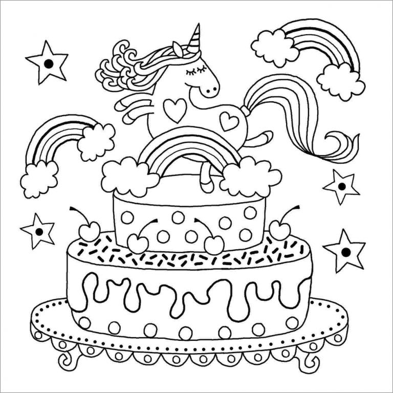 Unicorn Birthday Cake Coloring Page - ColoringBay