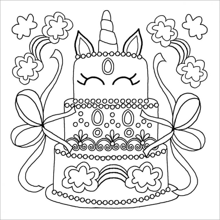 Unicorn Cake Coloring Page for Kids - ColoringBay