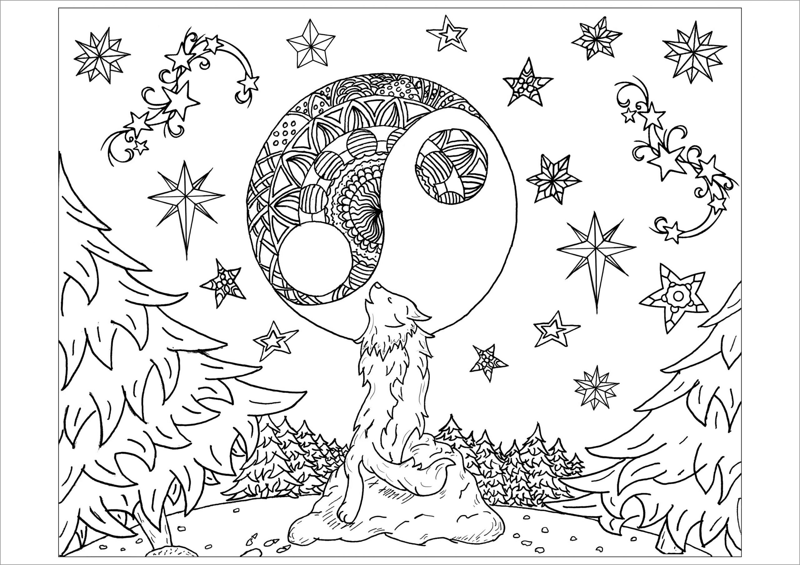 wolf mandala night and stars coloring page for adult coloringbay