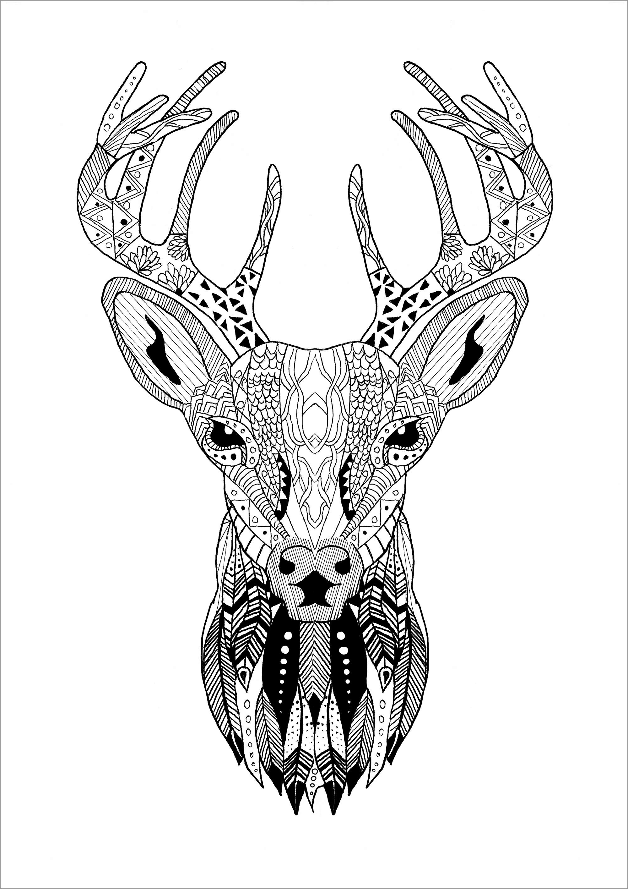 Zentangle Reindeer Christmas Head Coloring Page for Adult